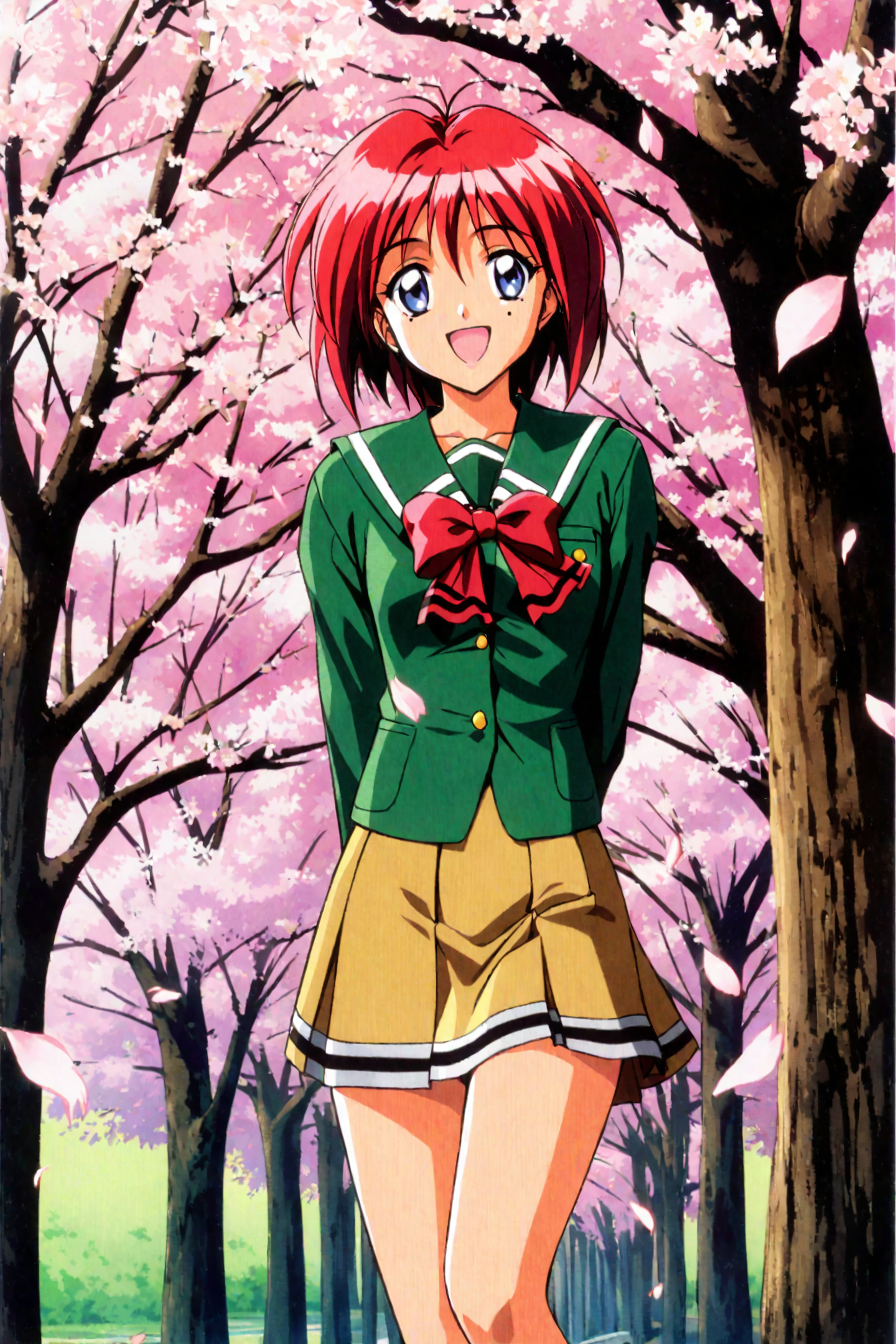 33755-4133685791-Hinomoto Hikari,1girl,mole under eye,mole,solo,1990s _(style_),school uniform,retro artstyle,red hair,skirt,cherry blossoms,shor.png